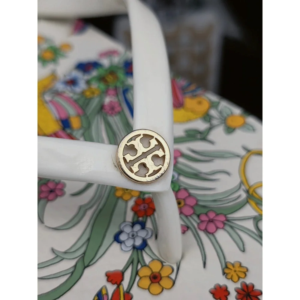 Tory Burch Flip Flops 9 White Green Floral Bird Print Logo Thong Sandals Summer